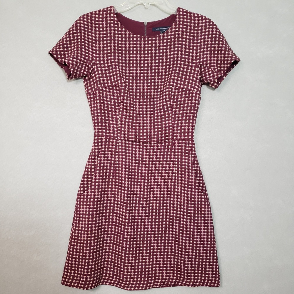 French Connection Womens 4 A-Line Mini Dress Burgundy Geometric Retro Workwear
